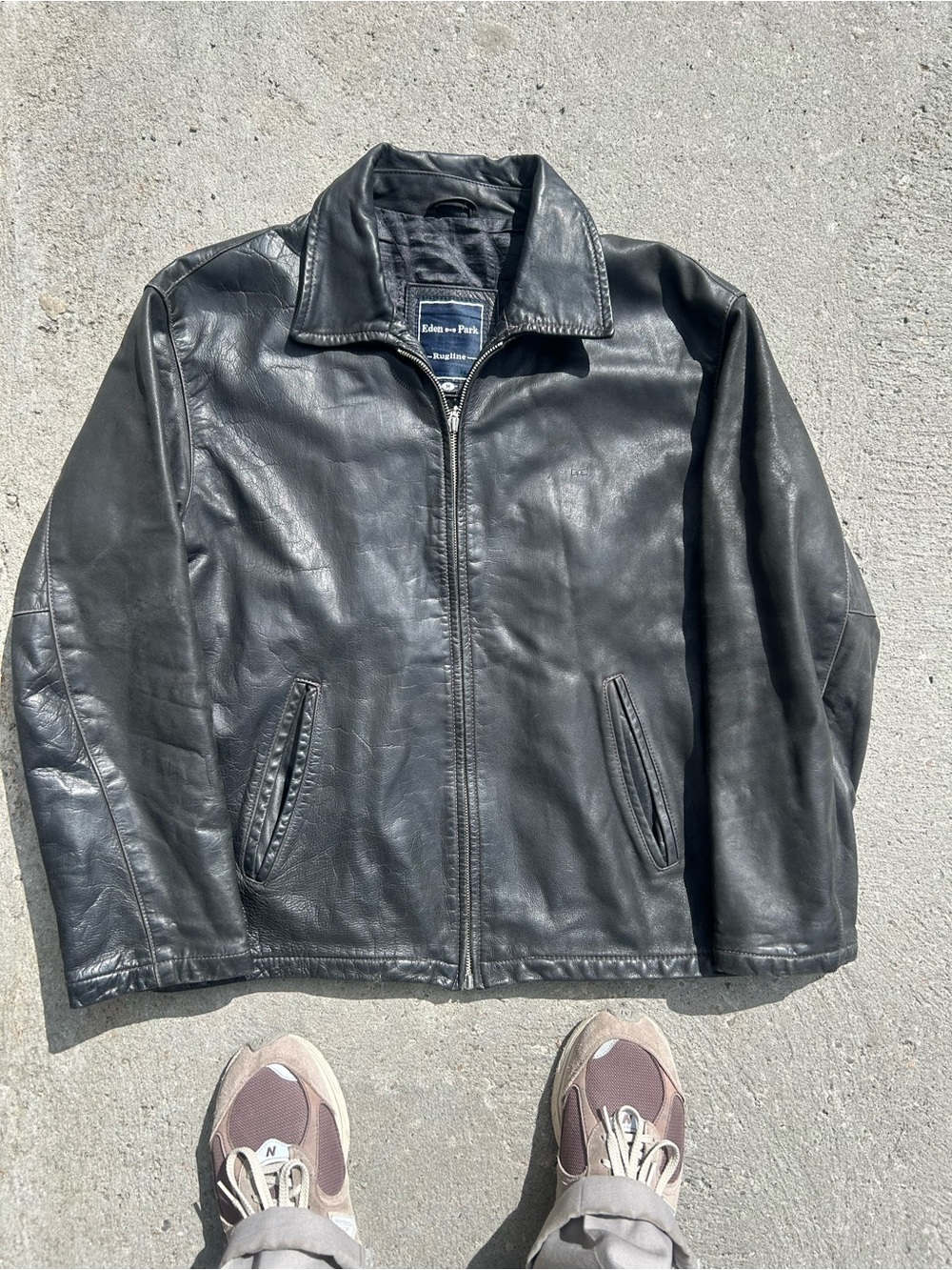 Eden Park Classic Black Leather Bomber Jacket with Double Zip